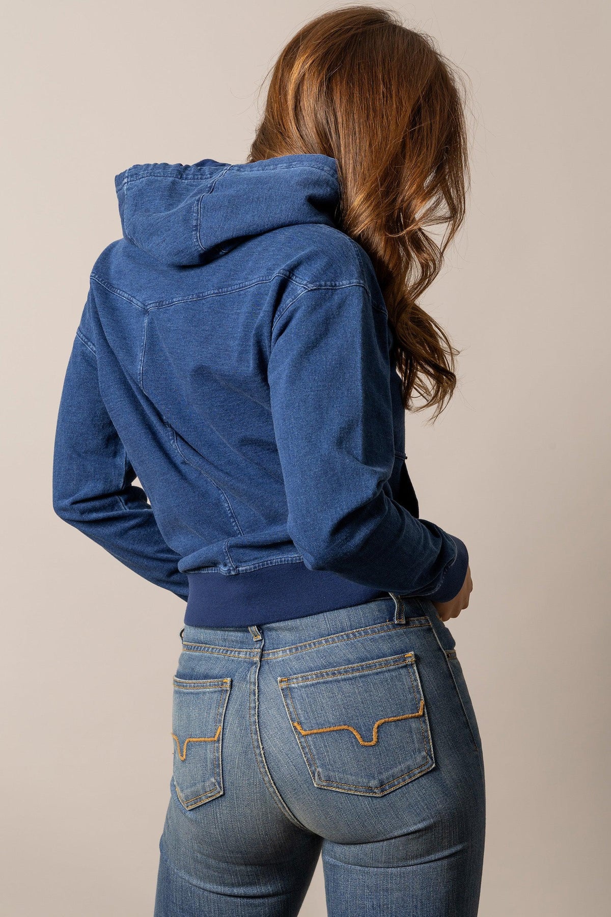 Kimes Ranch Tess Western Hoodie in Indigo Blue, back view, with back yoke and long sleeves