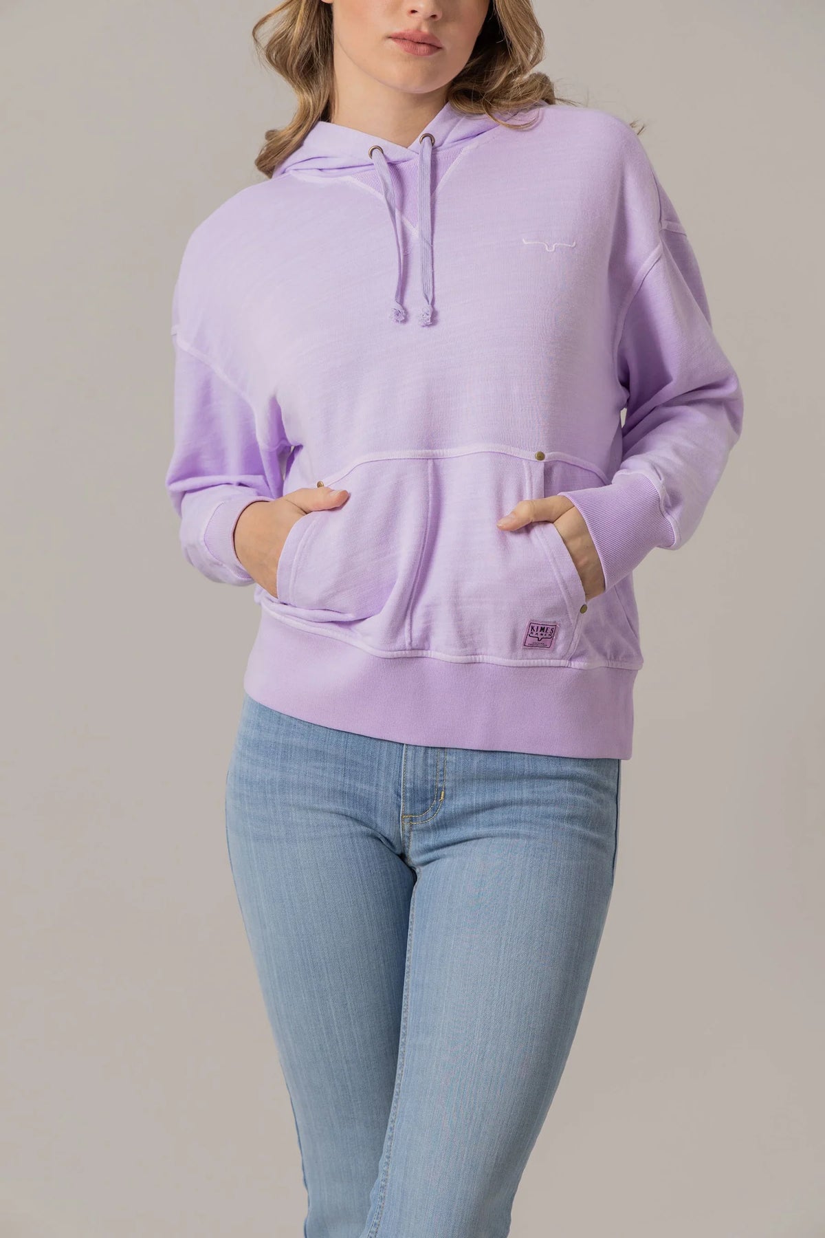 Kimes Ranch Tess Western Hoodie in Lavender with a front kangaroo pocket and embroidered logo