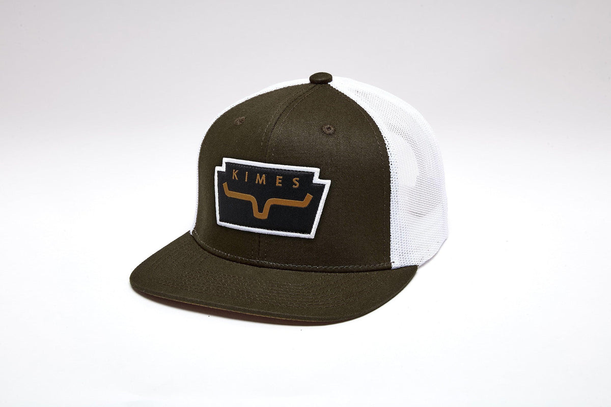 Kimes Ranch Texola hat in Army with a front Kimes Ranch logo patch and white mesh back