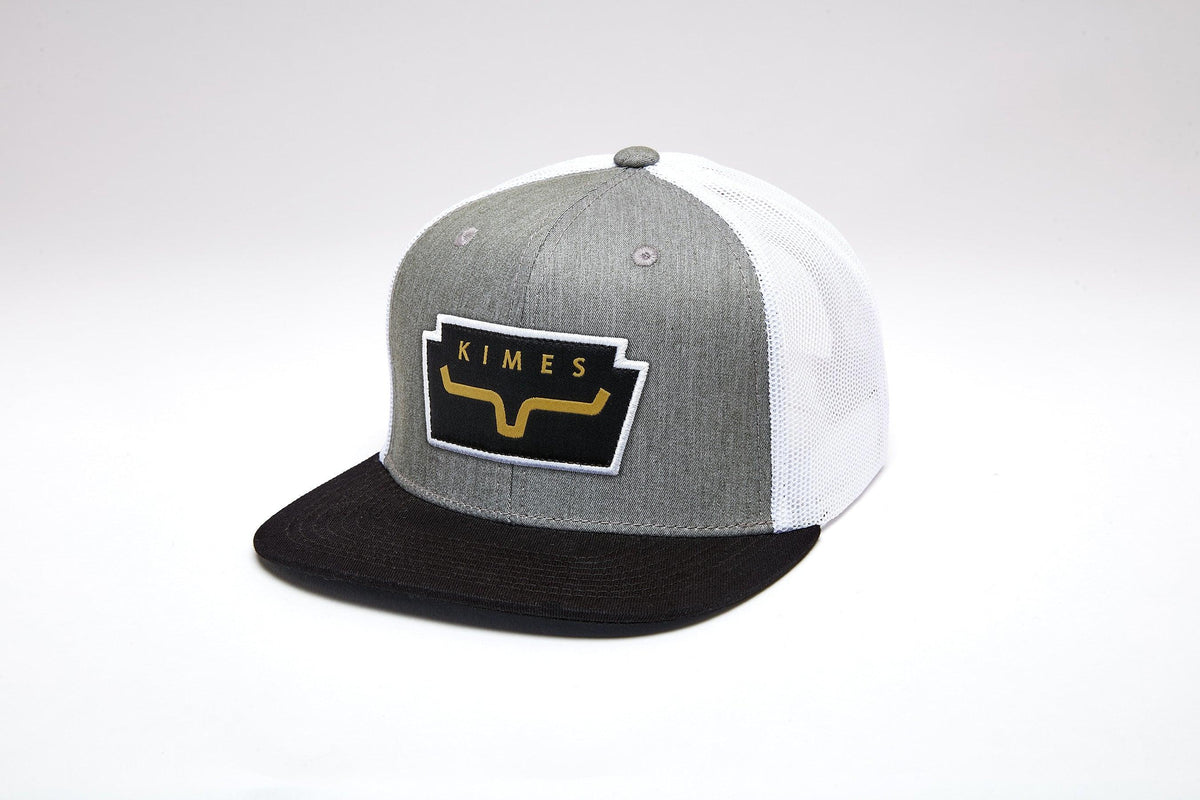 Kimes Ranch Texola hat in Heather Grey, side view, with a black brim and white mesh back featuring the Kimes Ranch logo