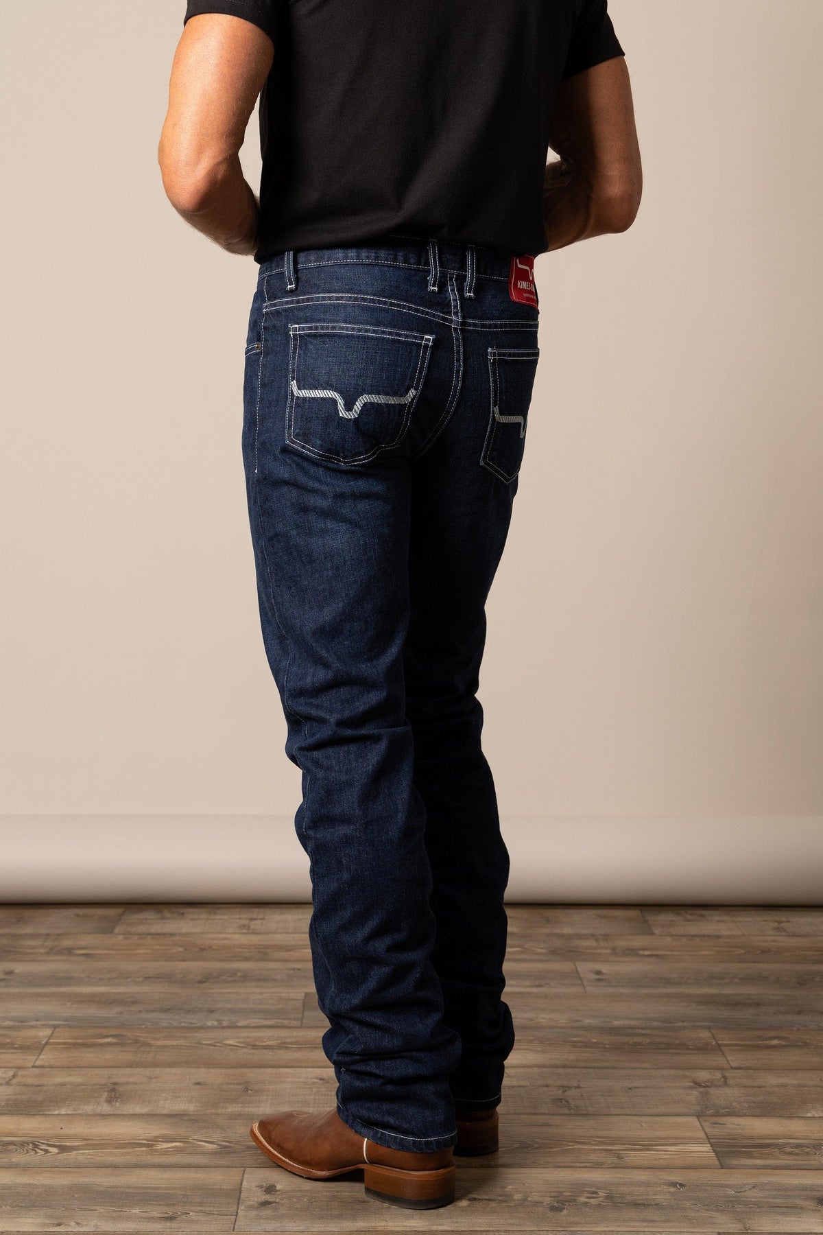 Kimes Ranch Thomas Straight Fit Bootcut jeans in Dark Wash, back view