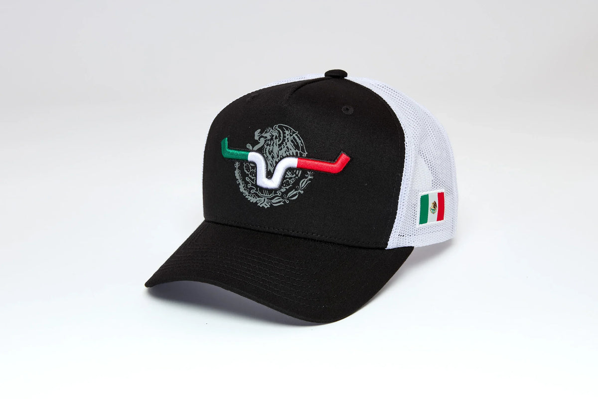 Kimes Ranch Toluca trucker hat in Black with white mesh back and Mexican flag colors
