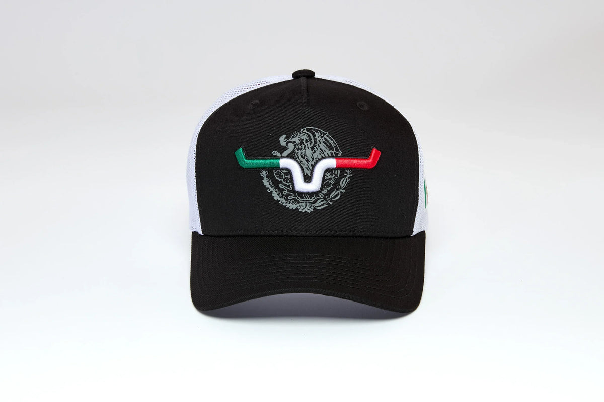 Kimes Ranch Toluca Black trucker hat with white mesh back and embroidered Mexican flag longhorn logo