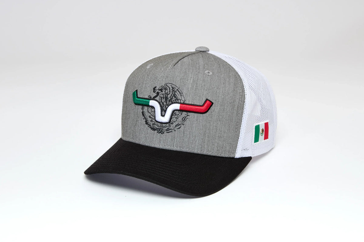 Kimes Ranch Toluca hat in Grey Heather, side view, with the Kimes Ranch logo in green, white