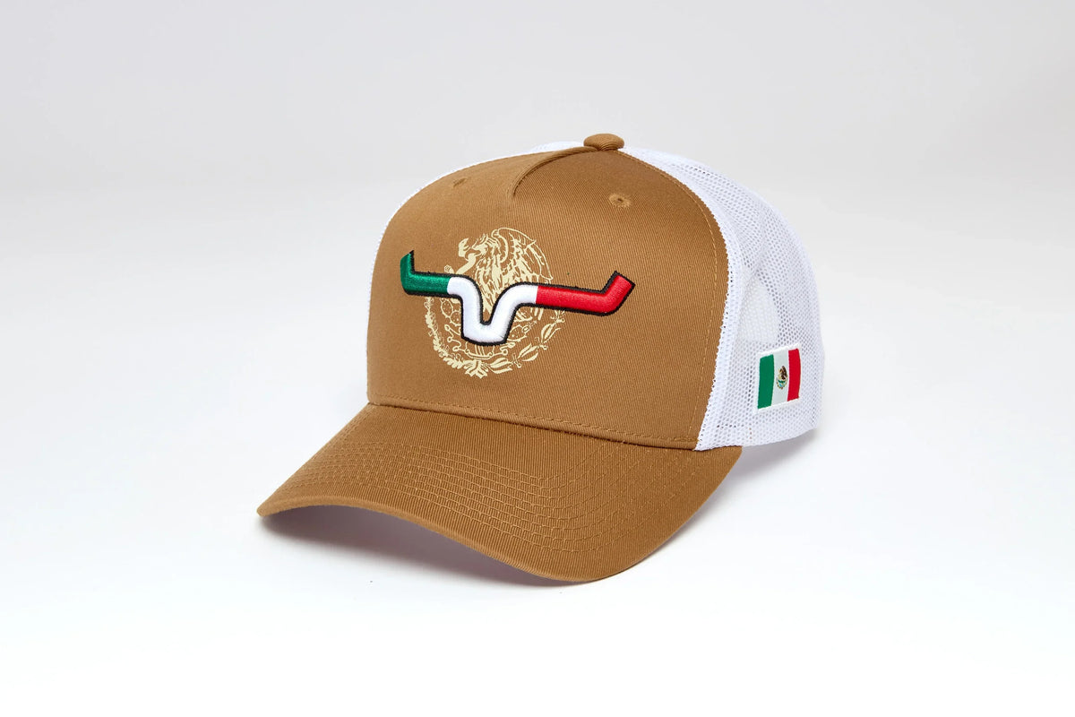 Kimes Ranch Toluca hat in Work Wear Brown, side view, with Mexican flag steer logo and flag patch