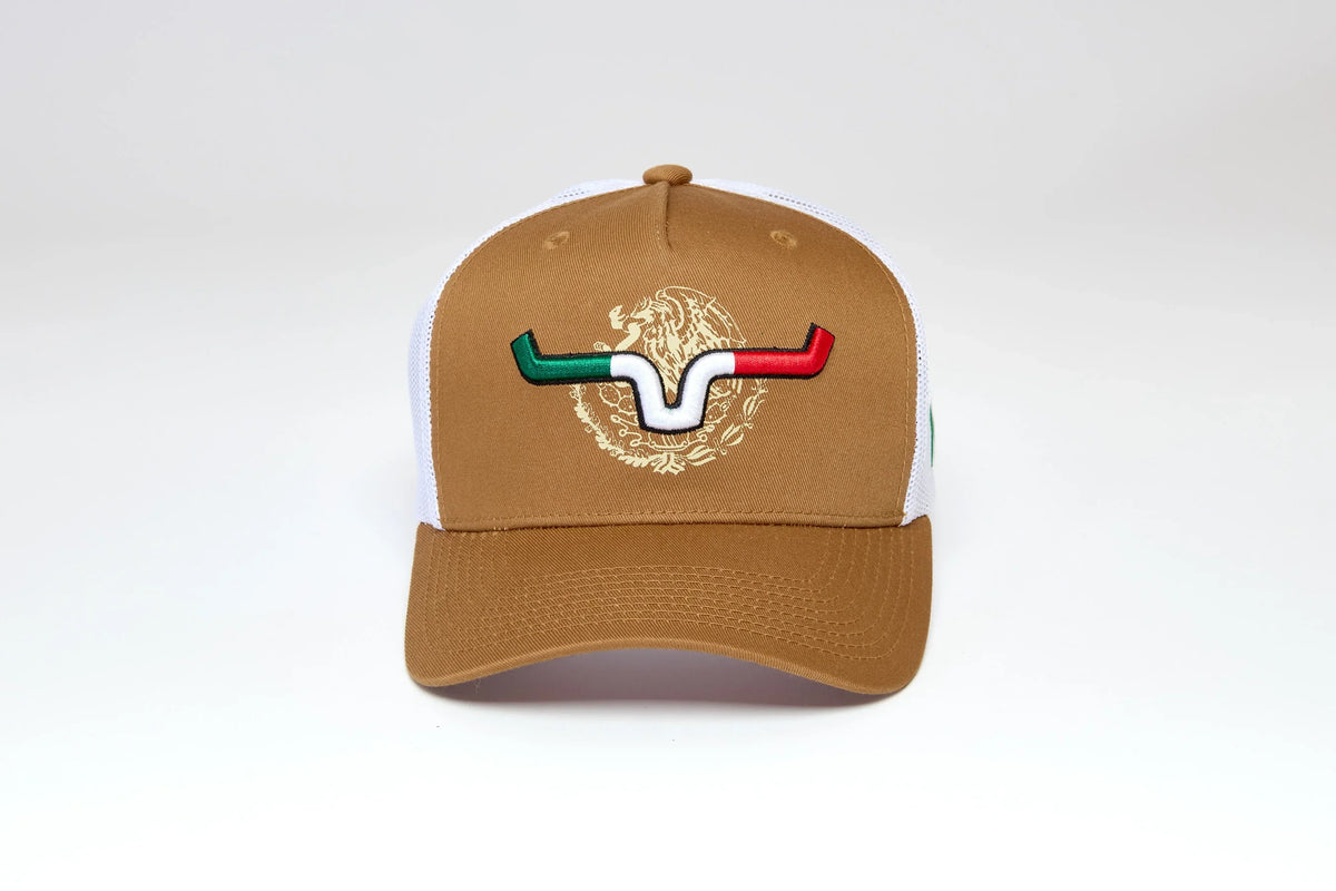 Kimes Ranch Toluca hat in Work Wear Brown with white mesh back and embroidered Mexican flag longhorn logo
