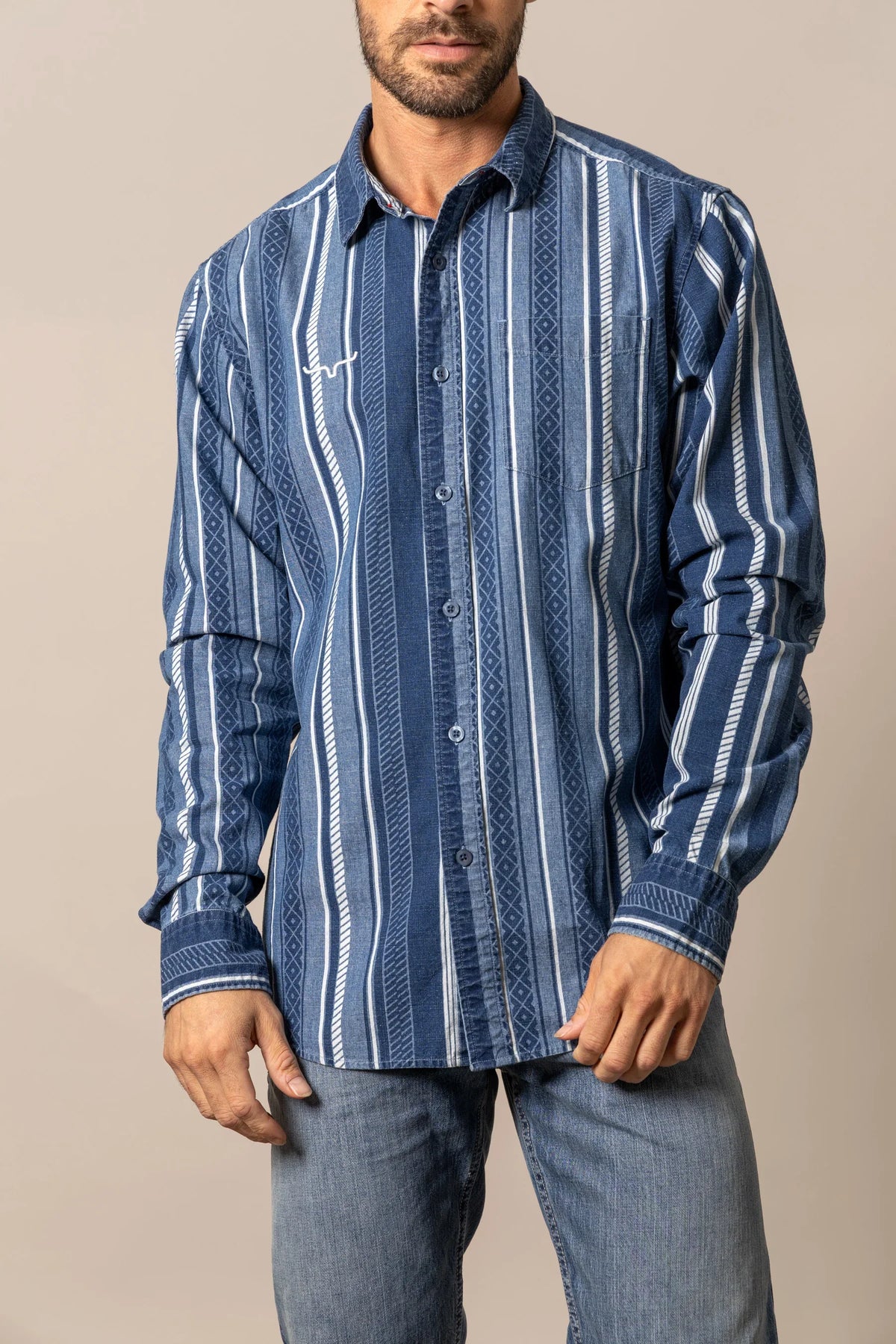 Kimes Ranch Tombstone dress shirt in Indigo with vertical stripes and a chest pocket