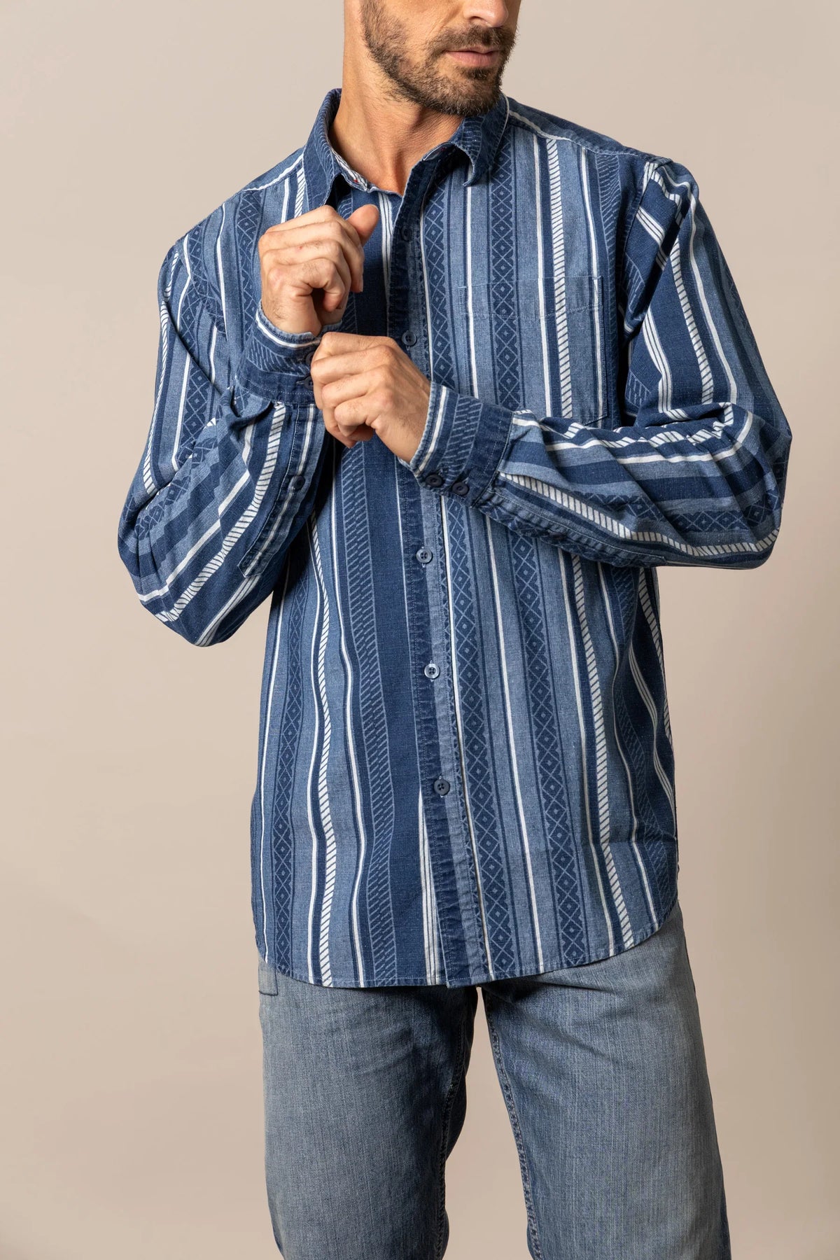 Kimes Ranch Tombstone dress shirt in Indigo with vertical stripes and geometric patterns