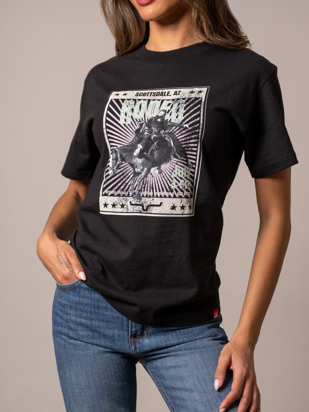 Kimes Ranch Top Bill shirt in Black with a rodeo graphic and Scottsdale AZ text