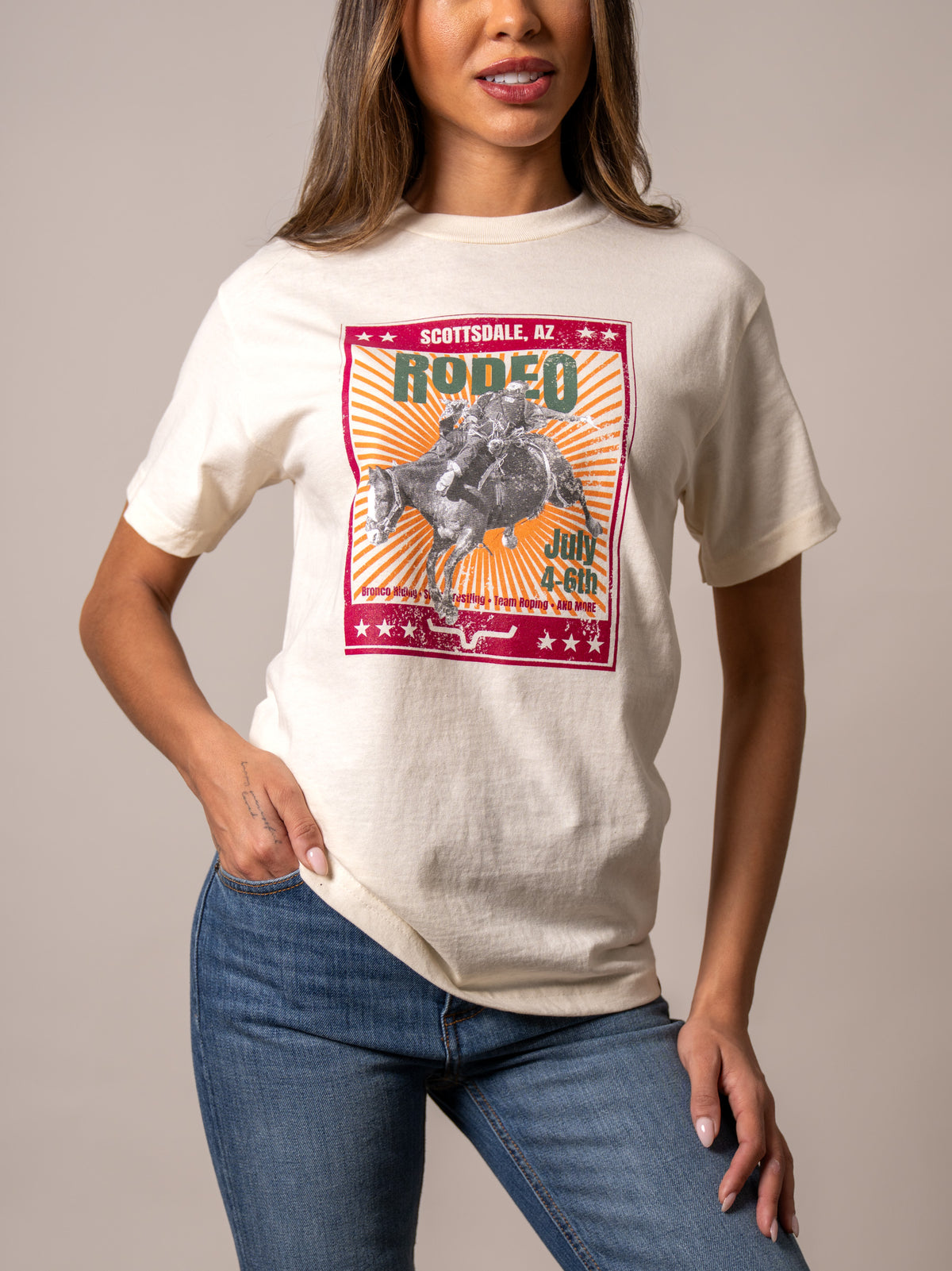 Kimes Ranch Top Bill shirt in Cream with a Scottsdale Rodeo graphic print