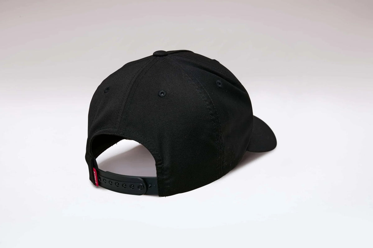 Kimes Ranch Tredwell hat in Black, back view, with a rear plastic snap closure and a small red tag