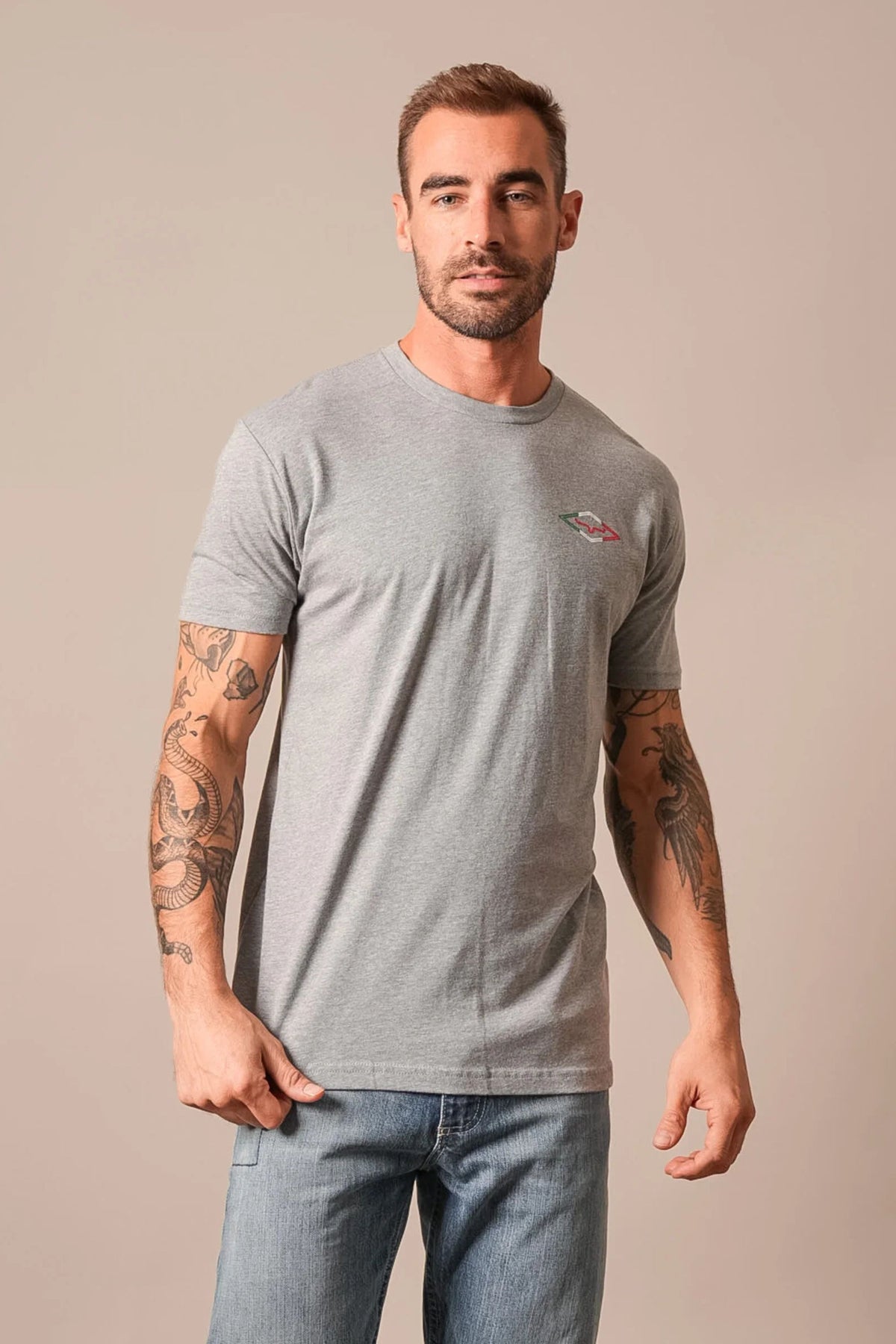 Kimes Ranch Tredwell shirt in Dark Grey Heather with short sleeves and a crew neck with a small logo on the chest