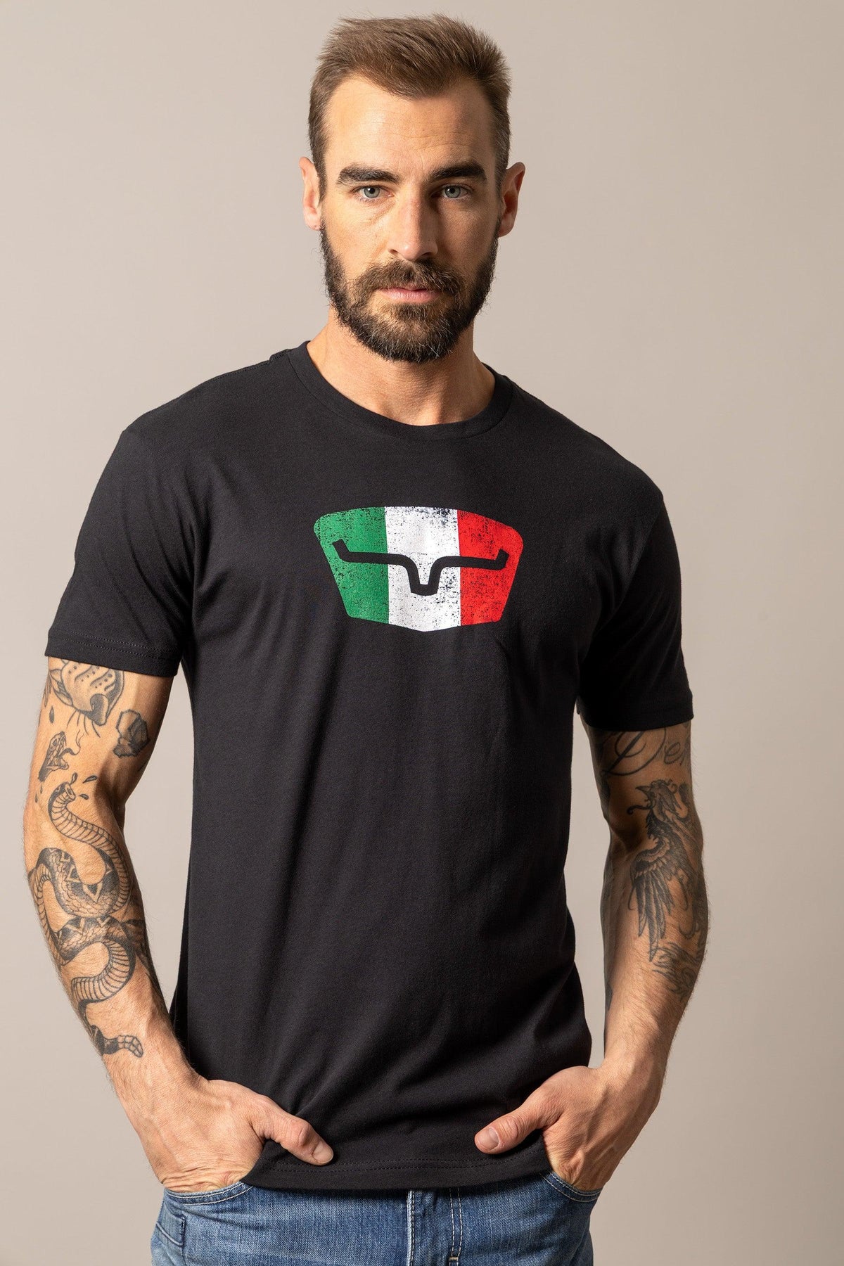 Kimes Ranch Tri-Color Tee in Black with a distressed Italian flag graphic on the chest