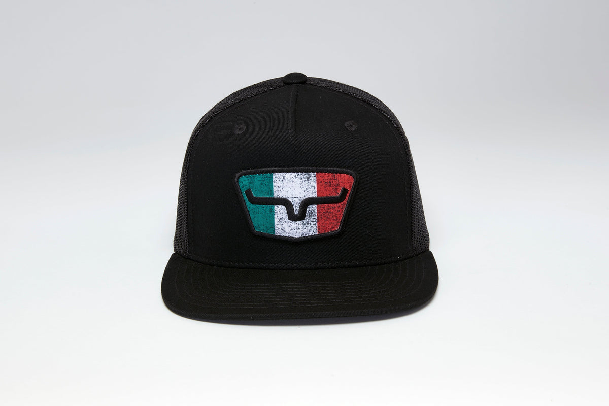 Kimes Ranch Tri Color Hat in Black with a front patch featuring the Kimes Ranch logo over green, white, and red stripes