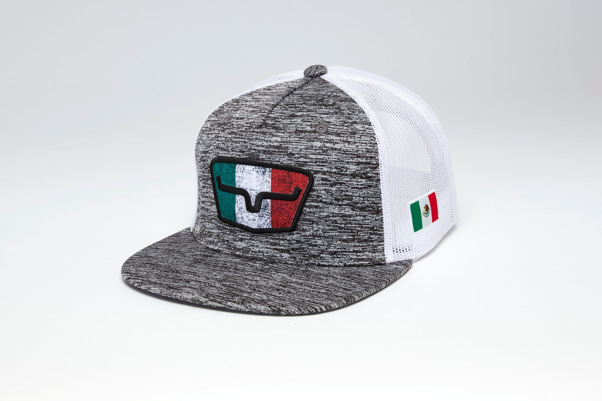 Kimes Ranch Tri Color Hat in Heather Grey, side view, with a Mexican flag logo and mesh back