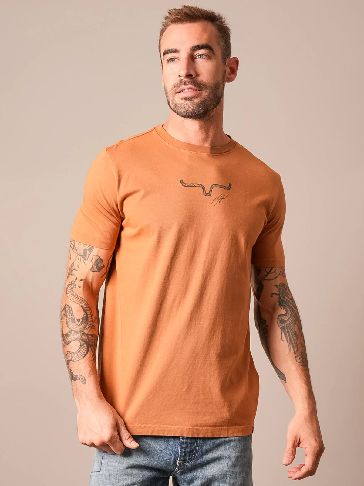 Kimes Ranch Uh Oh RP shirt in Work Wear Brown with a crewneck and the Kimes Ranch logo on the chest
