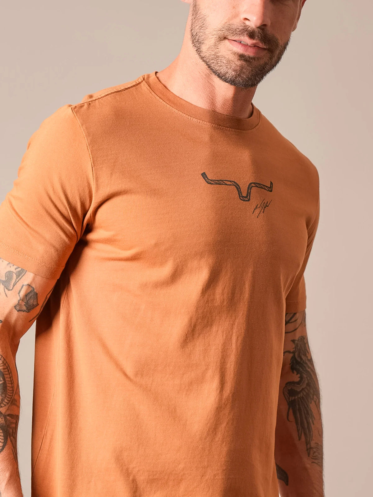 Kimes Ranch Uh Oh RP shirt in Work Wear Brown with a crewneck collar and the Kimes Ranch logo on the chest