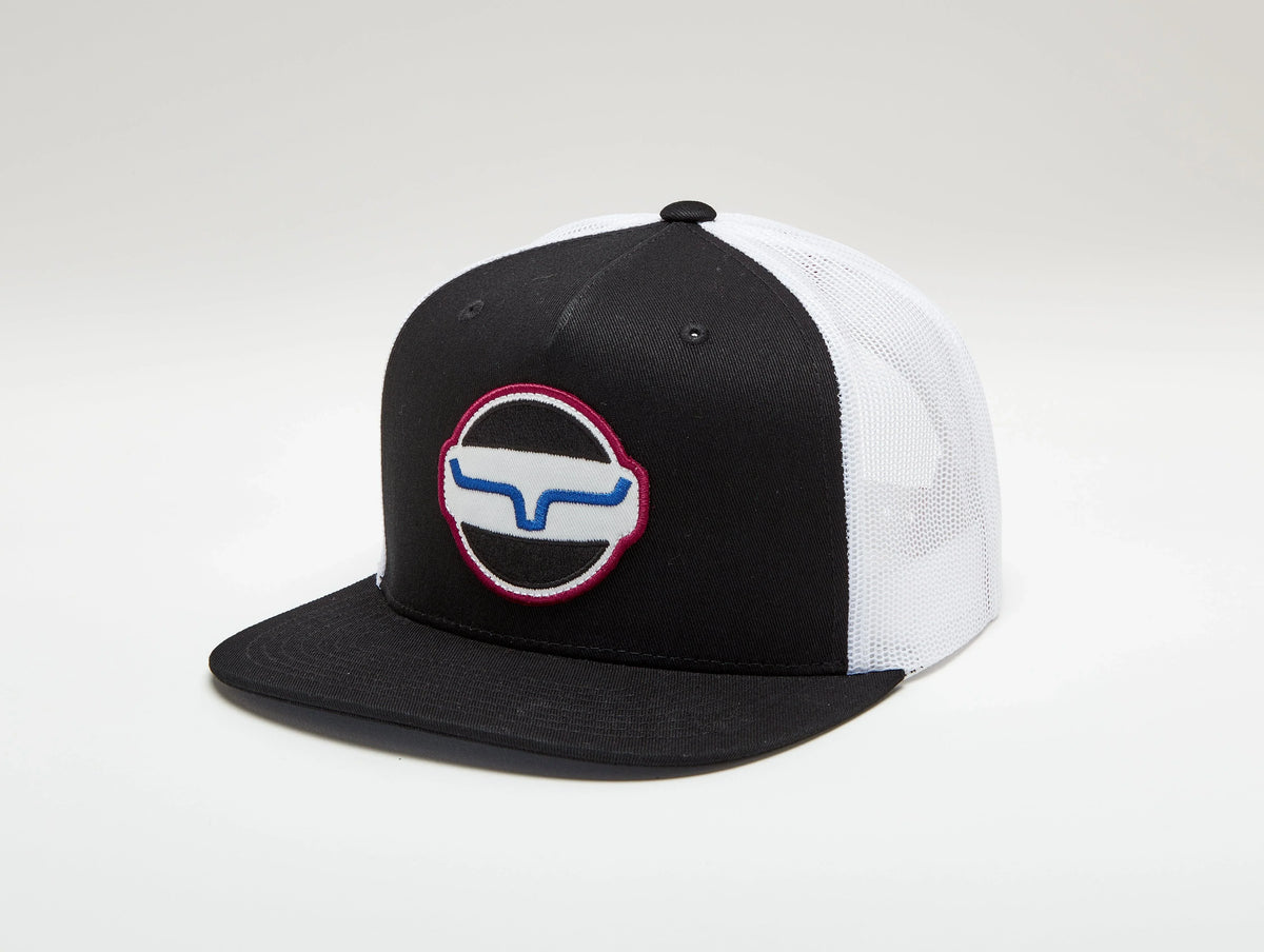 Kimes Ranch Union Made Trucker Hat in Black with a white mesh back and a circular logo patch on the front