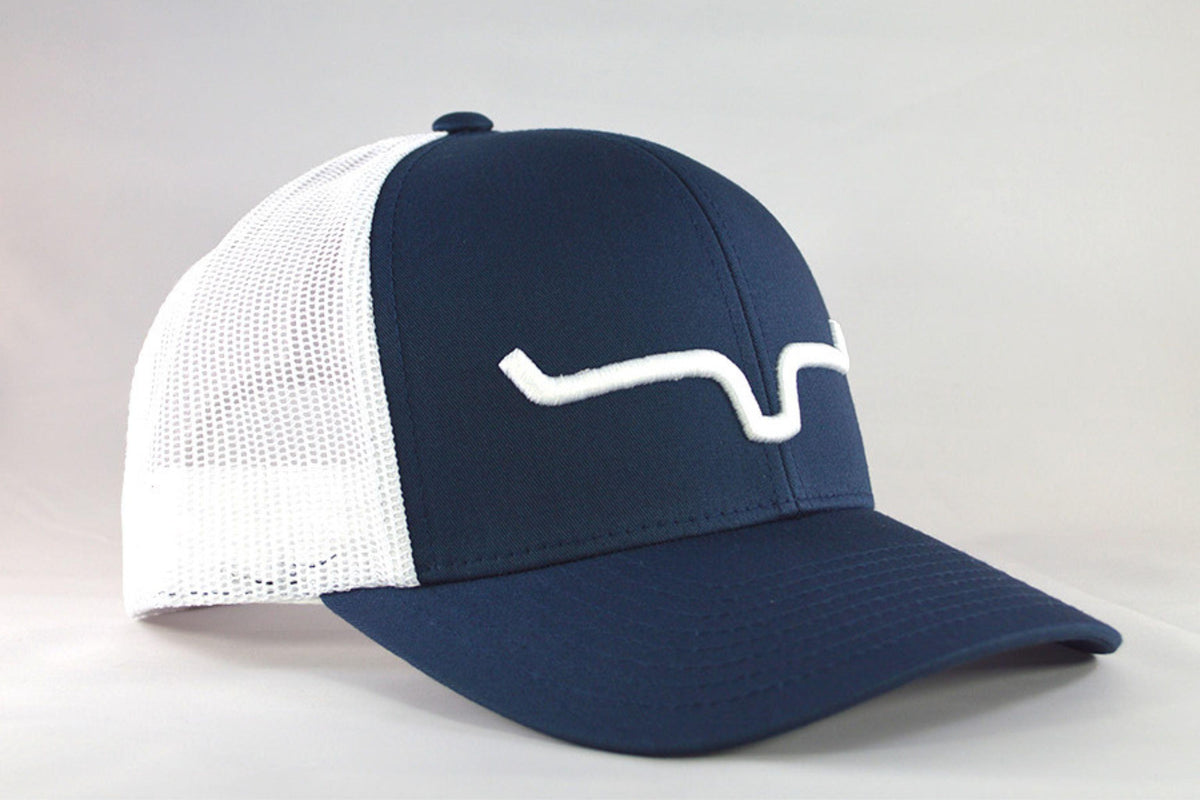 Kimes Ranch Weekly Trucker Hat, side view, in navy with white mesh back and embroidered logo