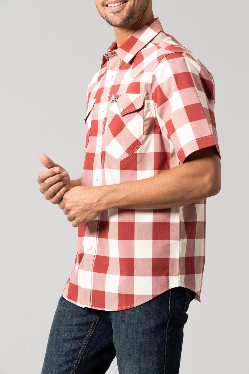Kimes Ranch Malcom Buffalo Plaid Dress Shirt in Red, side view, with short sleeves and two chest pockets