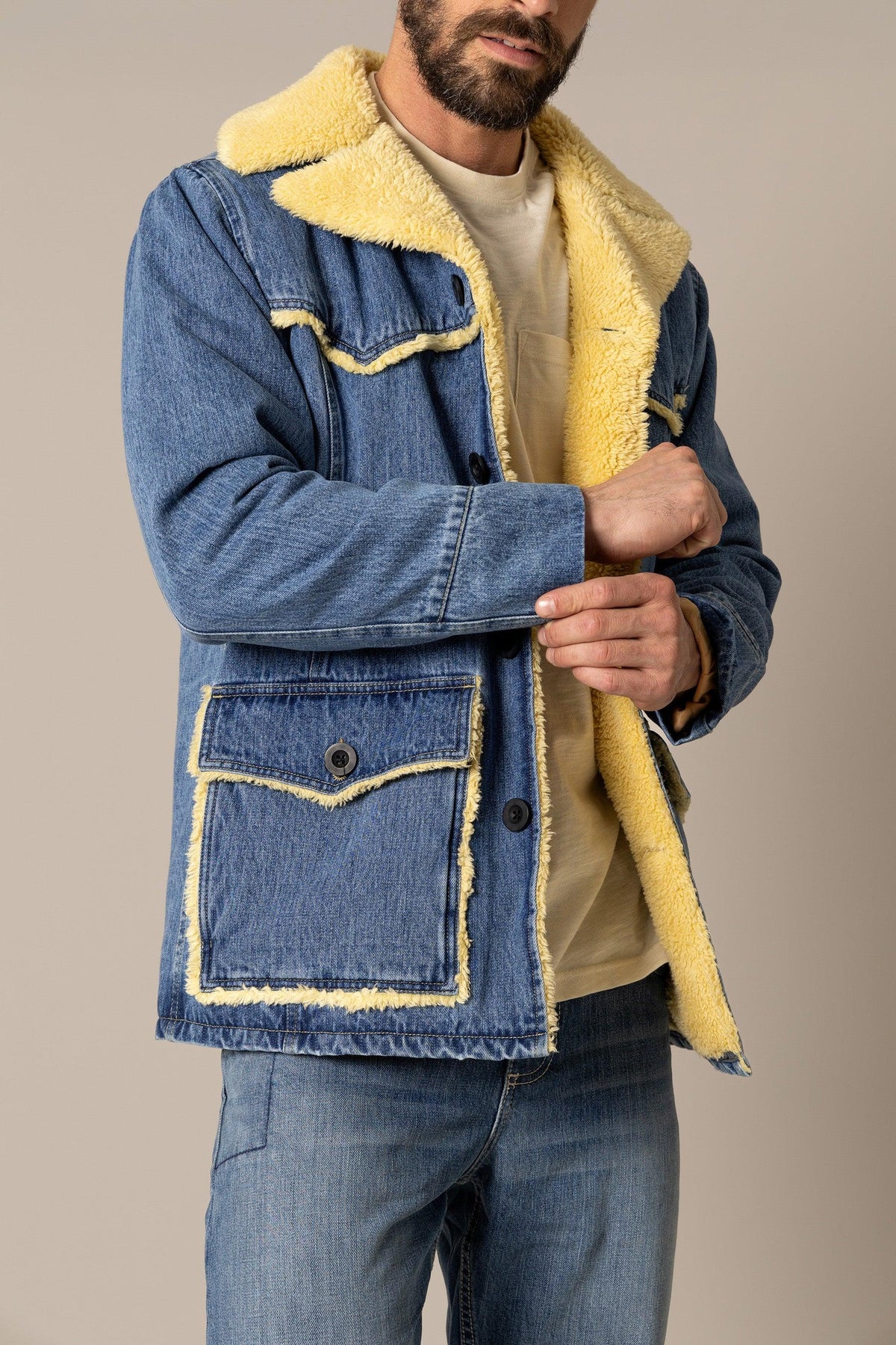 Kimes Ranch Vincent Denim Jacket in Denim with yellow sherpa lining and flap pockets; #color_denim