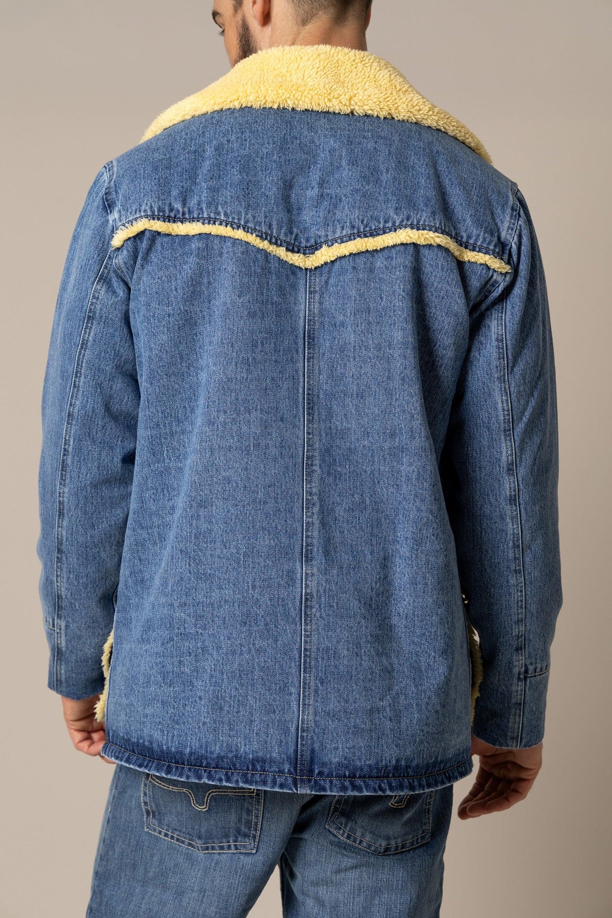 Kimes Ranch Vincent Denim Jacket, back view, with yellow sherpa collar and yoke trim
