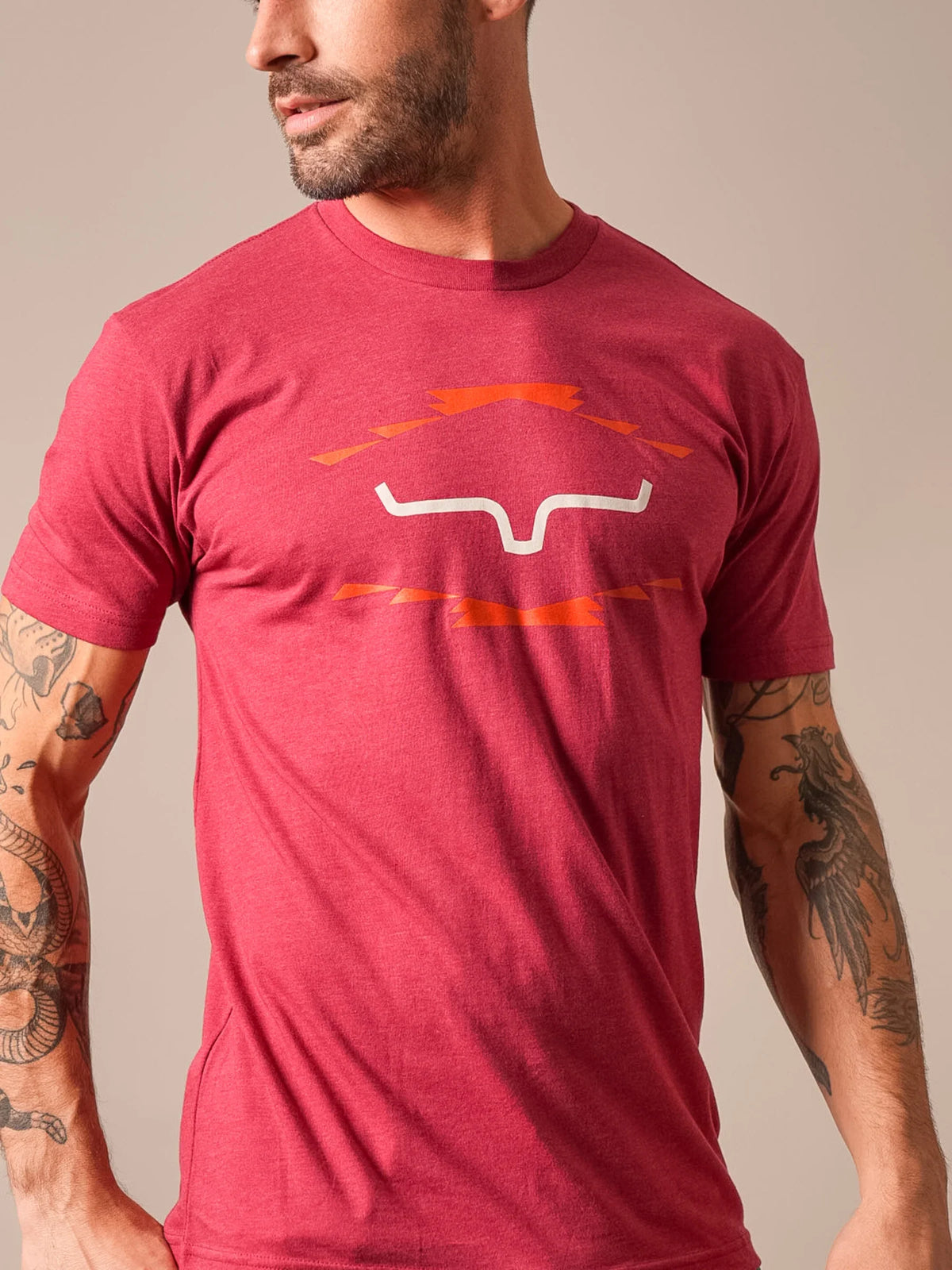 Kimes Ranch Vintage Badge shirt in Cardinal with a white Kimes Ranch logo and orange accents