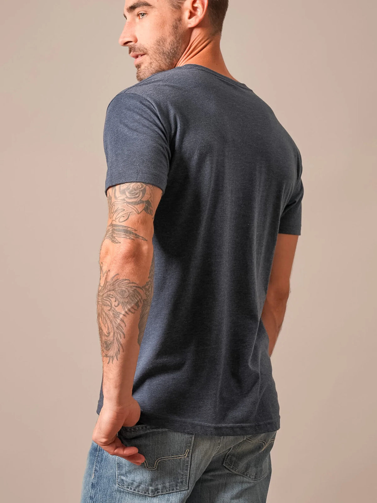 Kimes Ranch Vintage Badge shirt in Midnight Navy, back view, with short sleeves and a crew neck