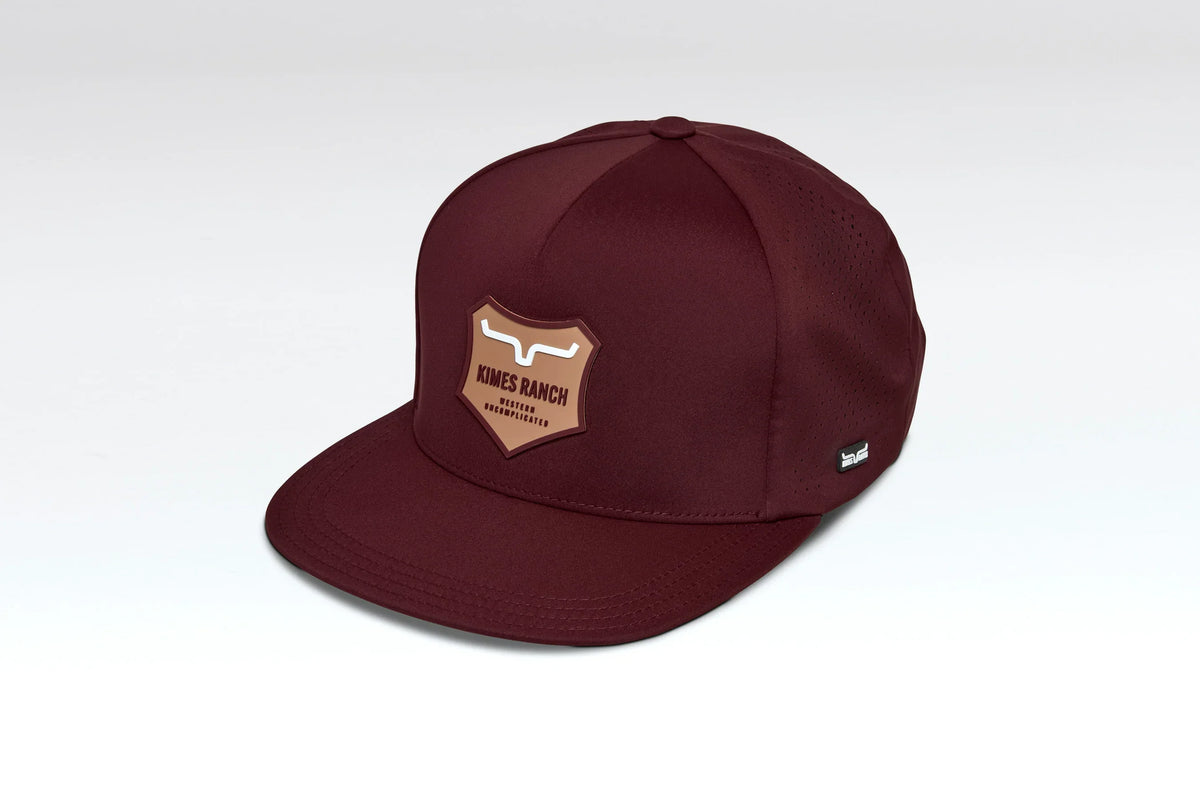 Kimes Ranch Vista hat in Burgundy, side view, with a shield logo and perforated side panels