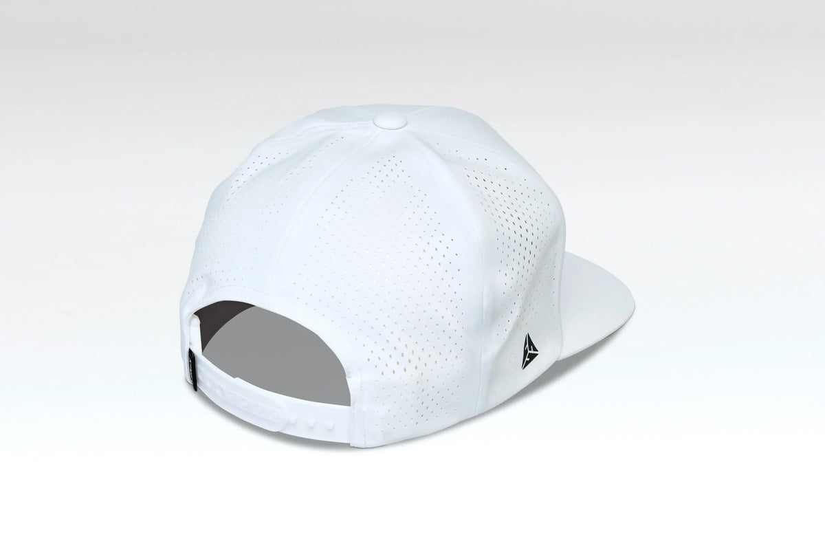 Kimes Ranch Vista hat in White, back view, with perforated back panels and a black logo on the side