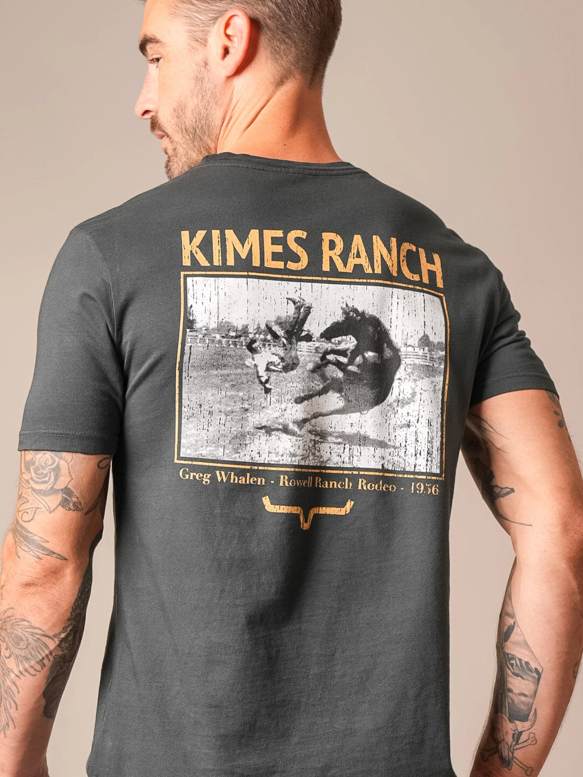 Kimes Ranch Waspy RP shirt in Black, back view, with a vintage rodeo graphic and Kimes Ranch logo on the back
