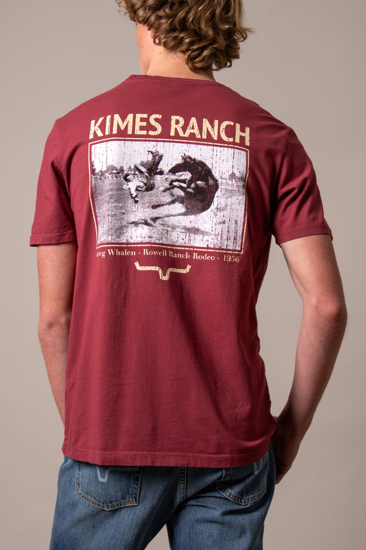 Kimes Ranch Waspy RP shirt in Dark Red, back view, with a vintage rodeo graphic and Kimes Ranch logo