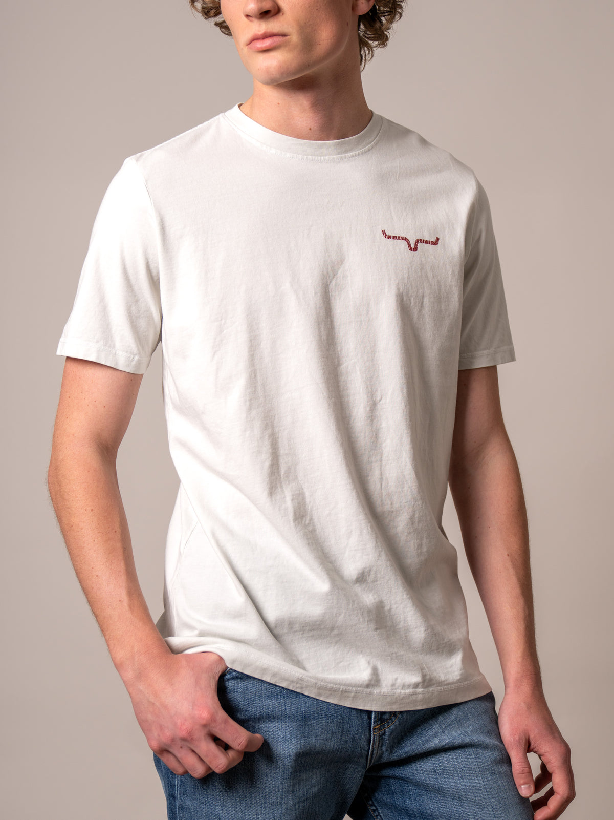 Kimes Ranch Waspy RP shirt in Off White with short sleeves and a red logo on the chest