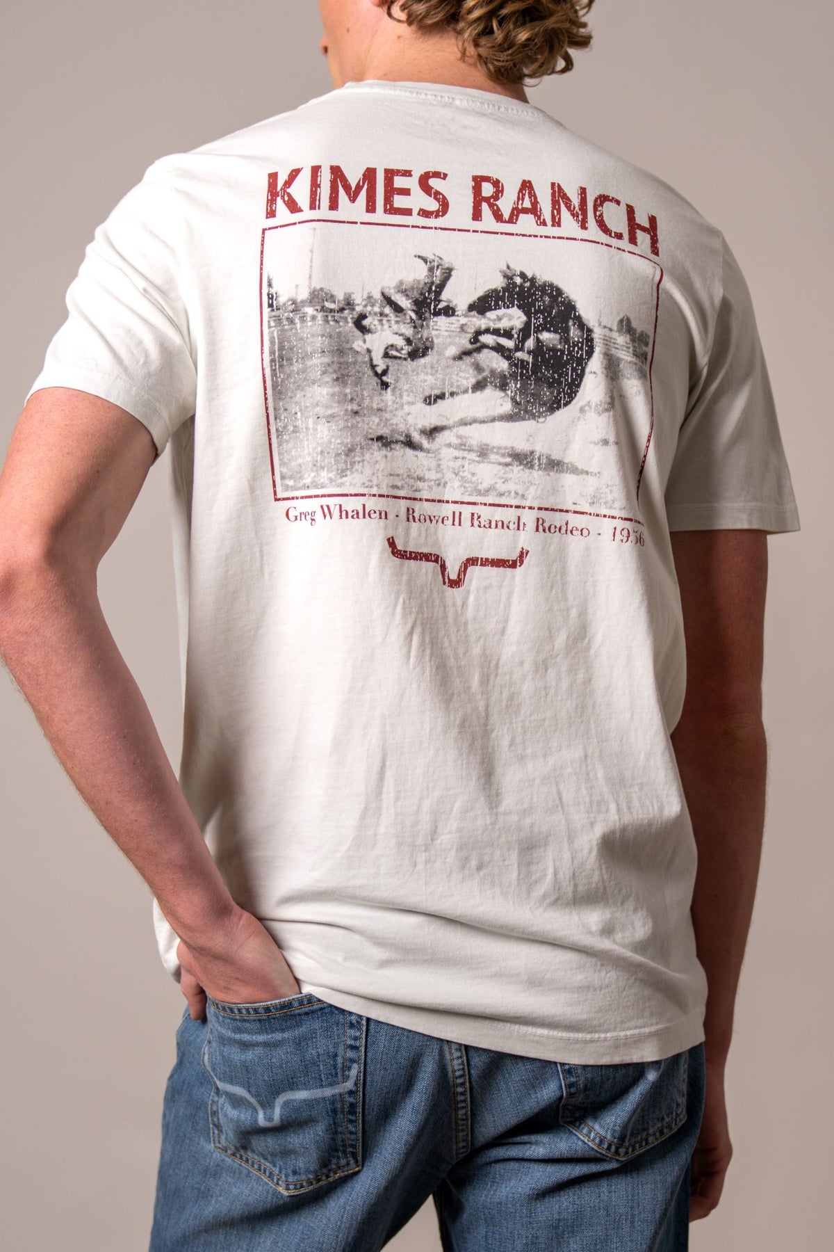 Kimes Ranch Waspy RP shirt in Off White, back view, with a back graphic of a rodeo scene