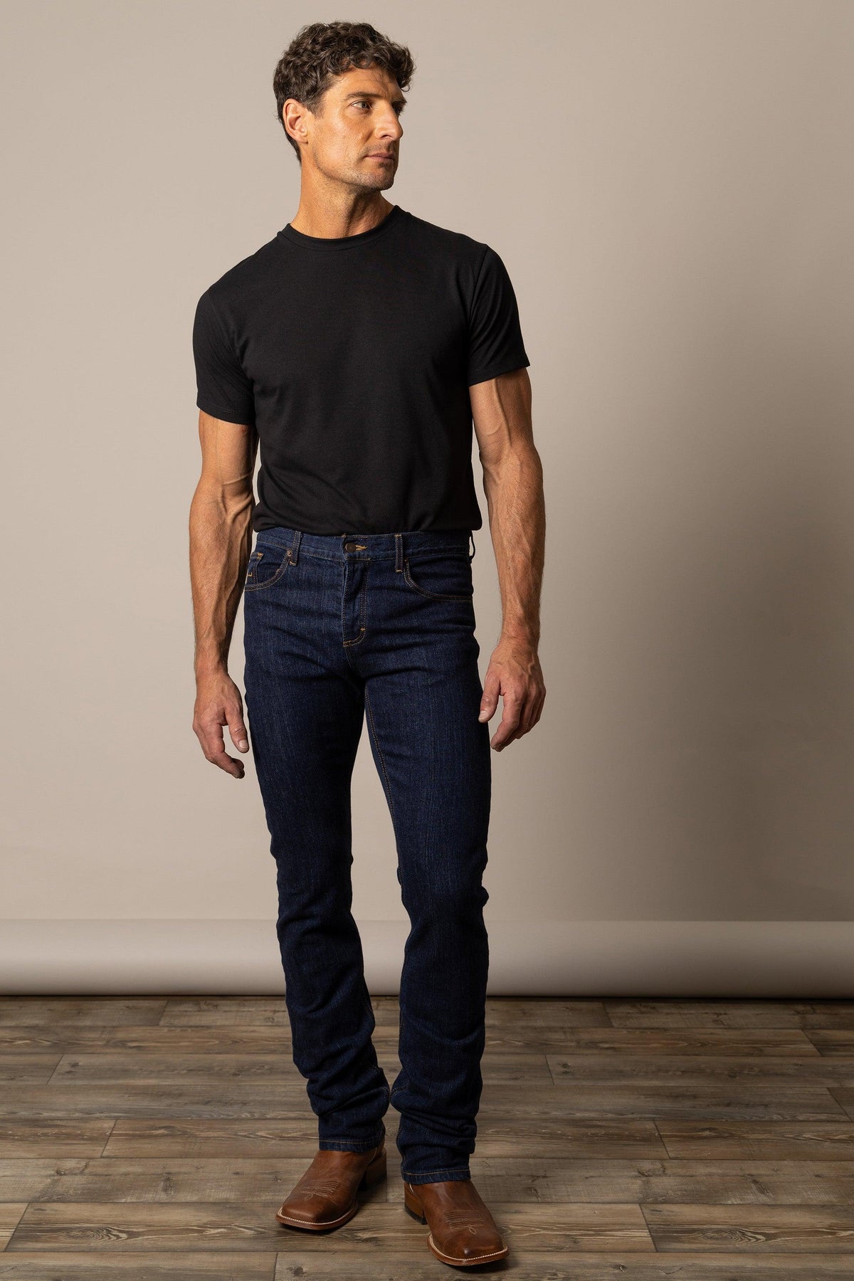 Kimes Ranch Wayne Slim Bootcut jeans in dark indigo with contrast stitching and five-pocket styling