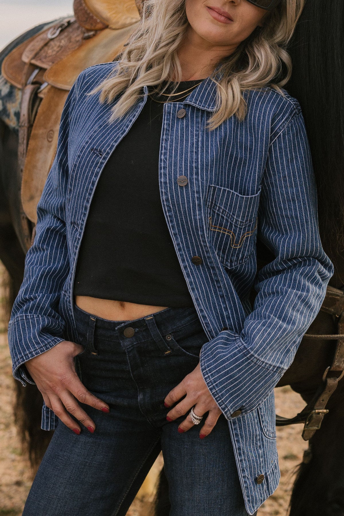 Kimes Ranch Harlow jacket in Indigo Stripe with long sleeves and front pockets
