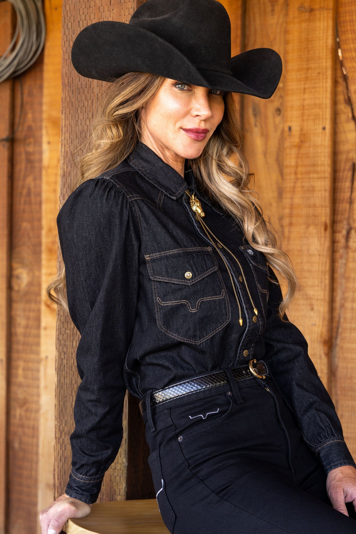 Kimes Ranch Jane Denim Snap top in Black with long sleeves, snap front, and western yoke