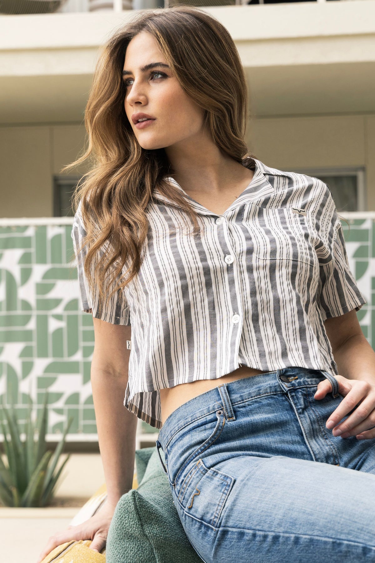 Kimes Ranch Ferris Top in Forged Iron with short sleeves and a button front; #color_forged iron