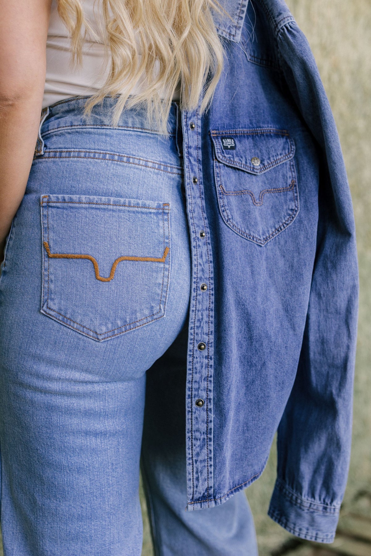 Kimes Ranch Zoey jeans in Light Wash, back view, with signature back pocket stitching