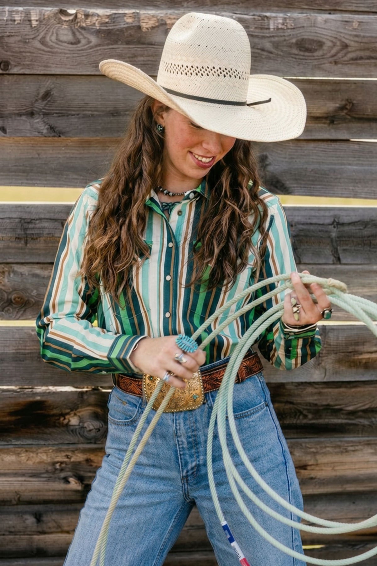 Kimes Ranch Kai top in Teal with green and brown vertical stripes and long sleeves
