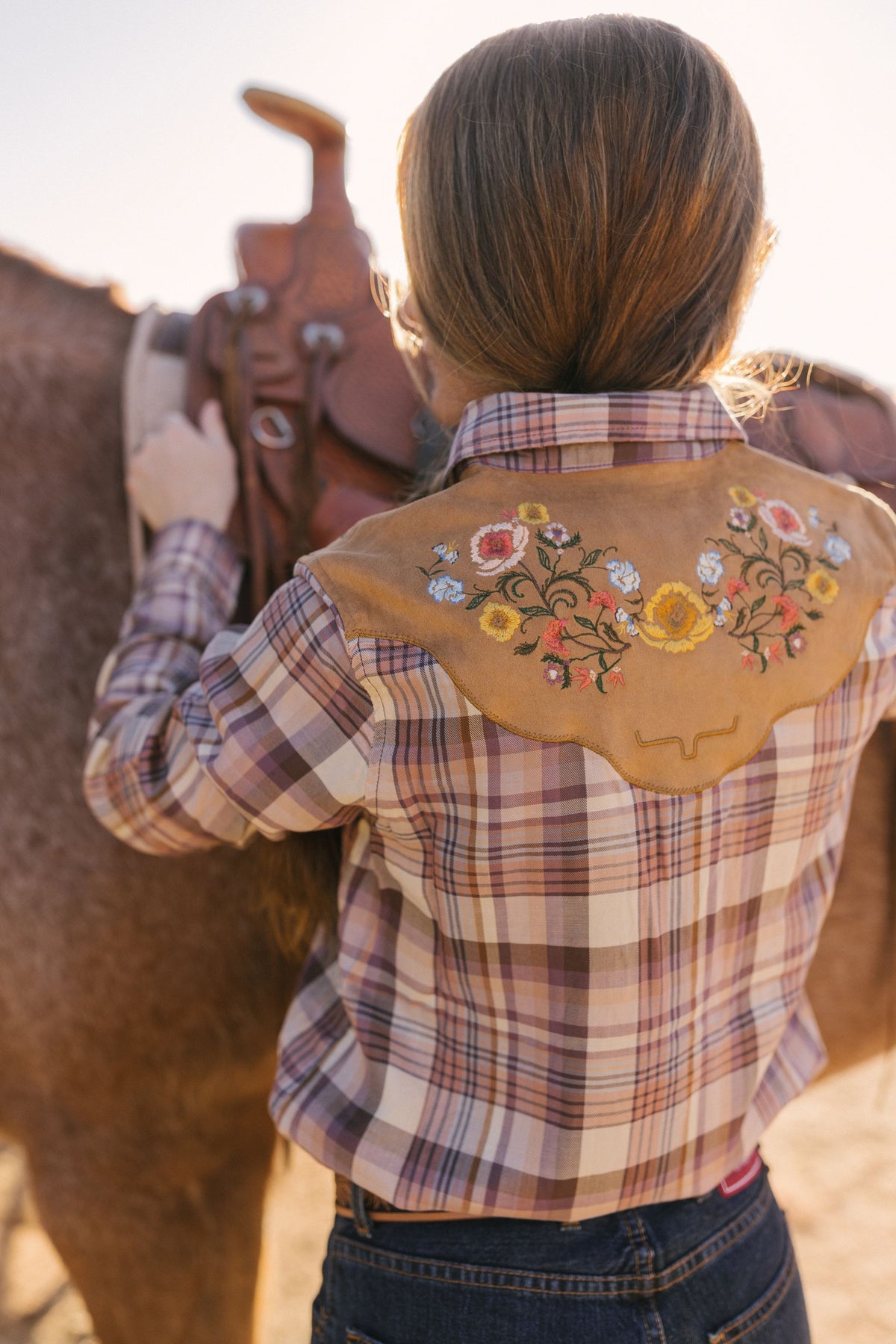 Kimes Ranch Bailey top in Work Wear Brown, back view, with embroidered floral yoke on back