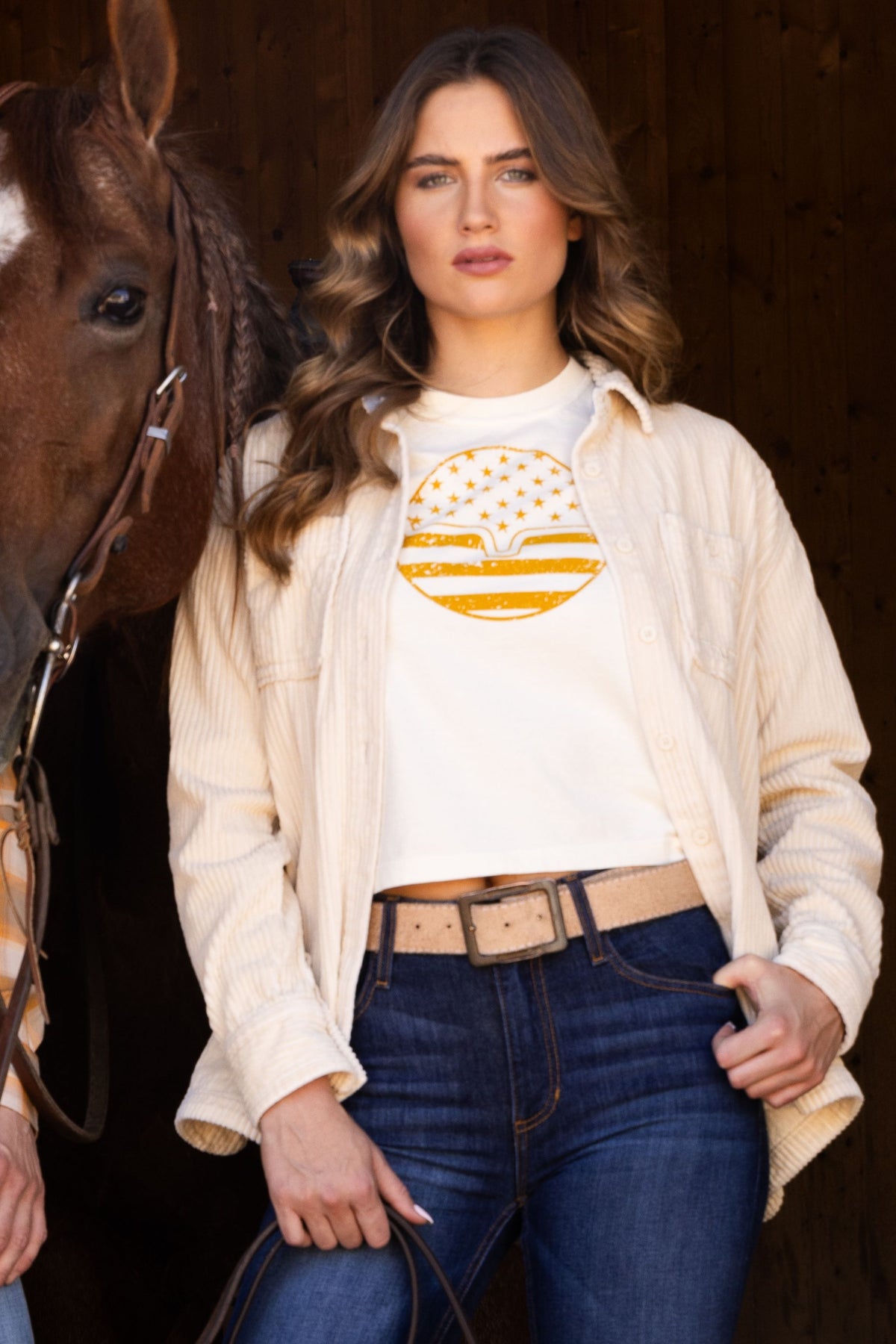 Kimes Ranch Ladies American Bullseye Crop shirt in Ivory with a distressed yellow bullseye graphic