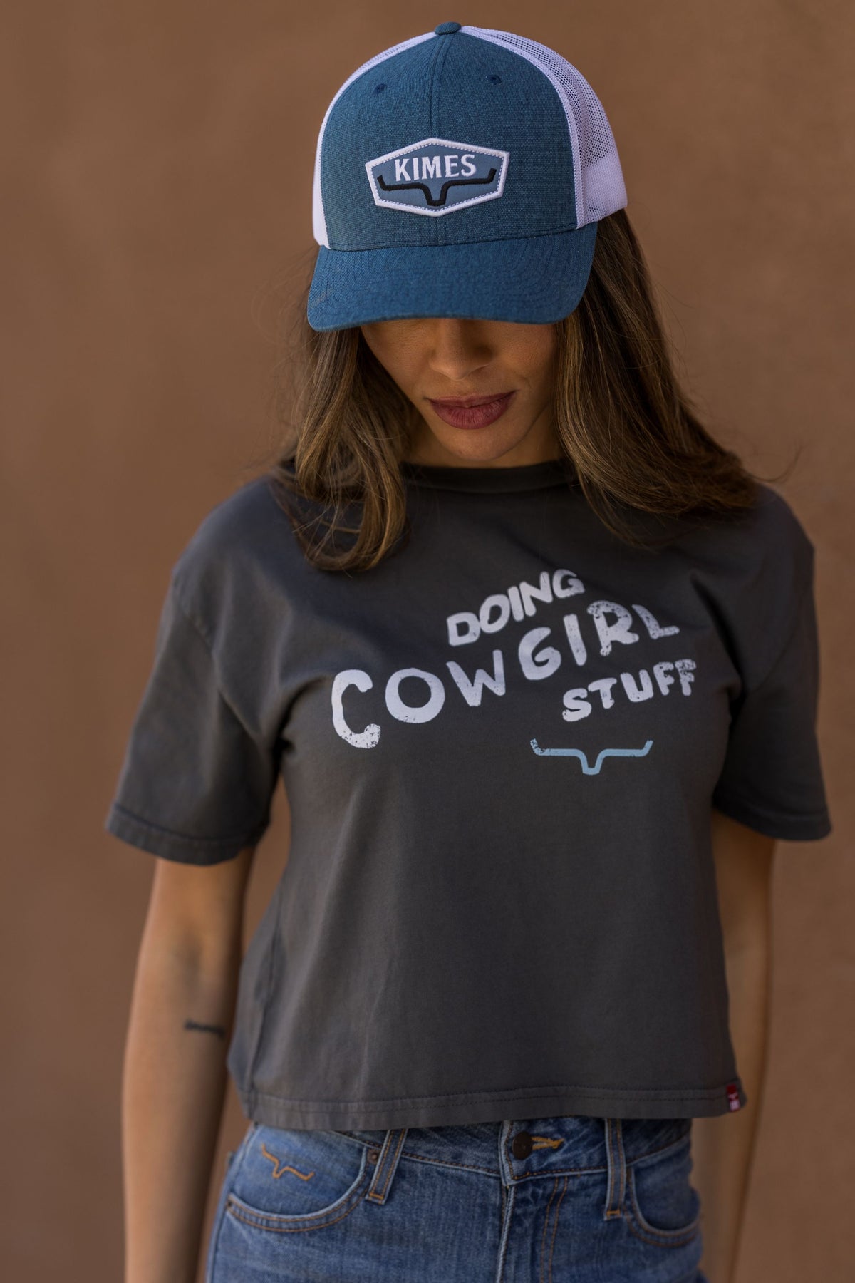 Kimes Ranch Doing Cowgirl Stuff shirt in Pepper with white graphic print