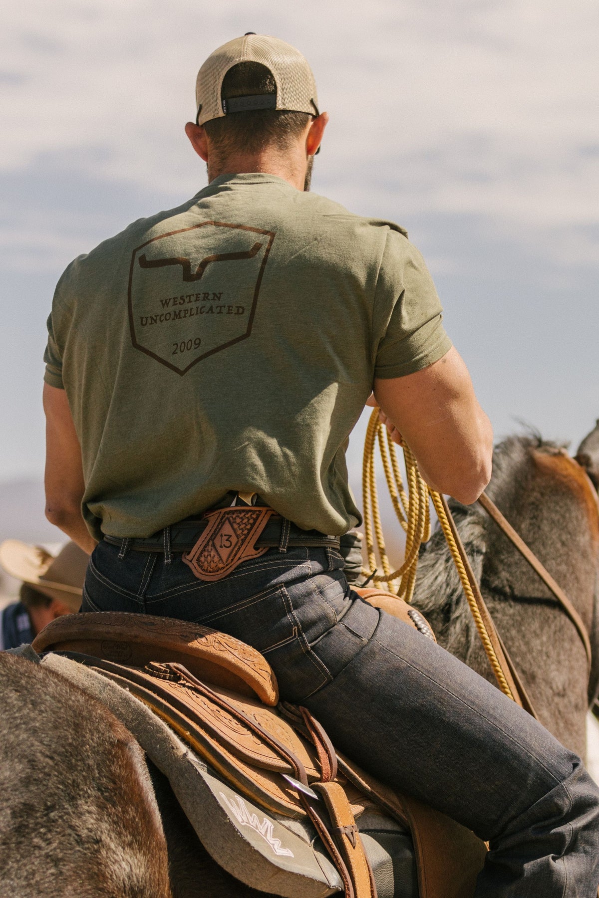 Kimes Ranch Shielded Trucker Shirt in Military Green, back view