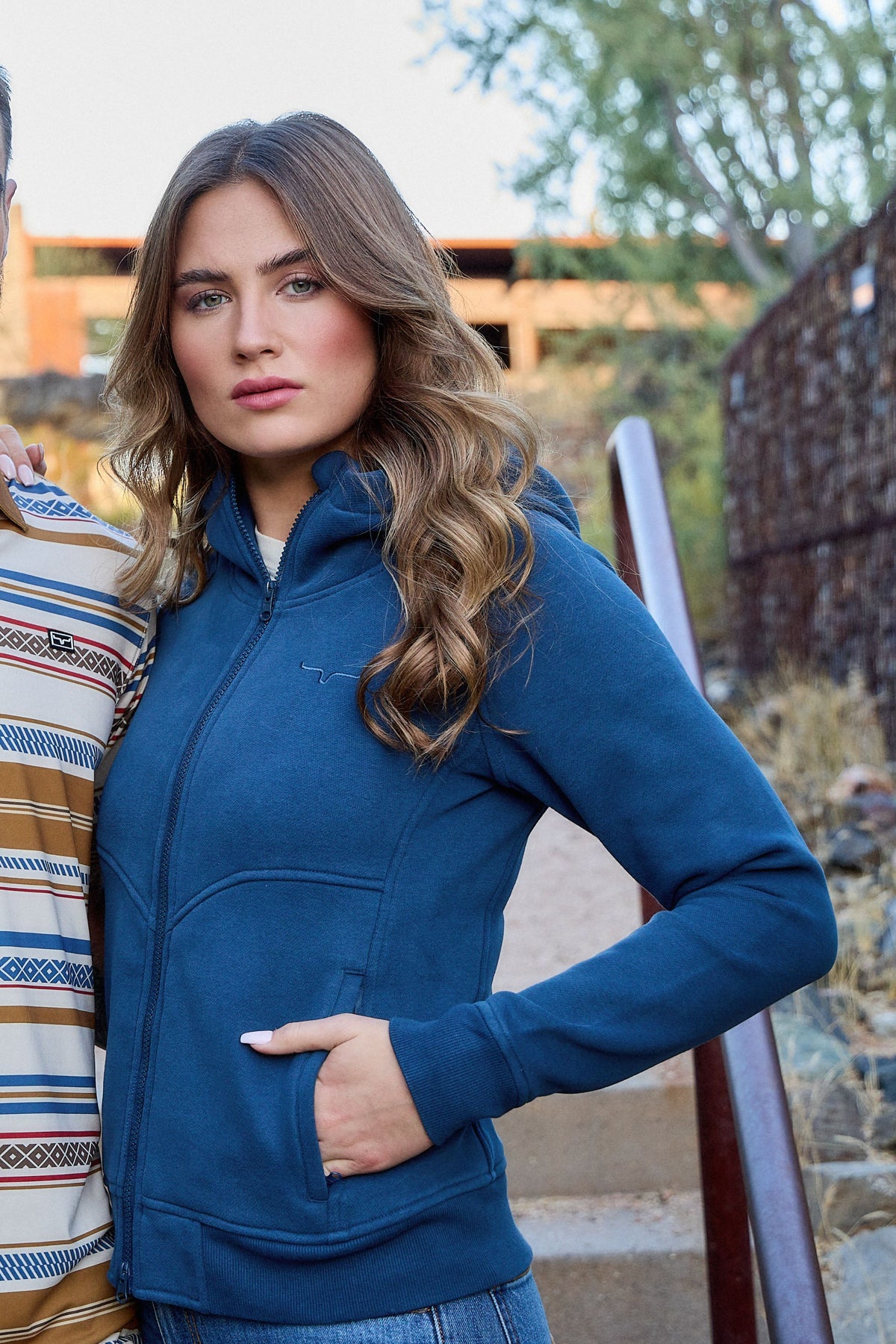 Kimes Ranch Emma Hoodie in Dark Blue with a front zip and side pockets
