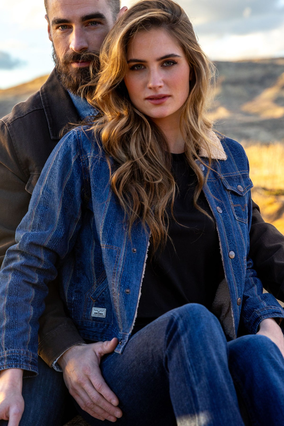 Kimes Ranch Vaquero Trucker jacket in Dark Indigo with sherpa collar and front pockets