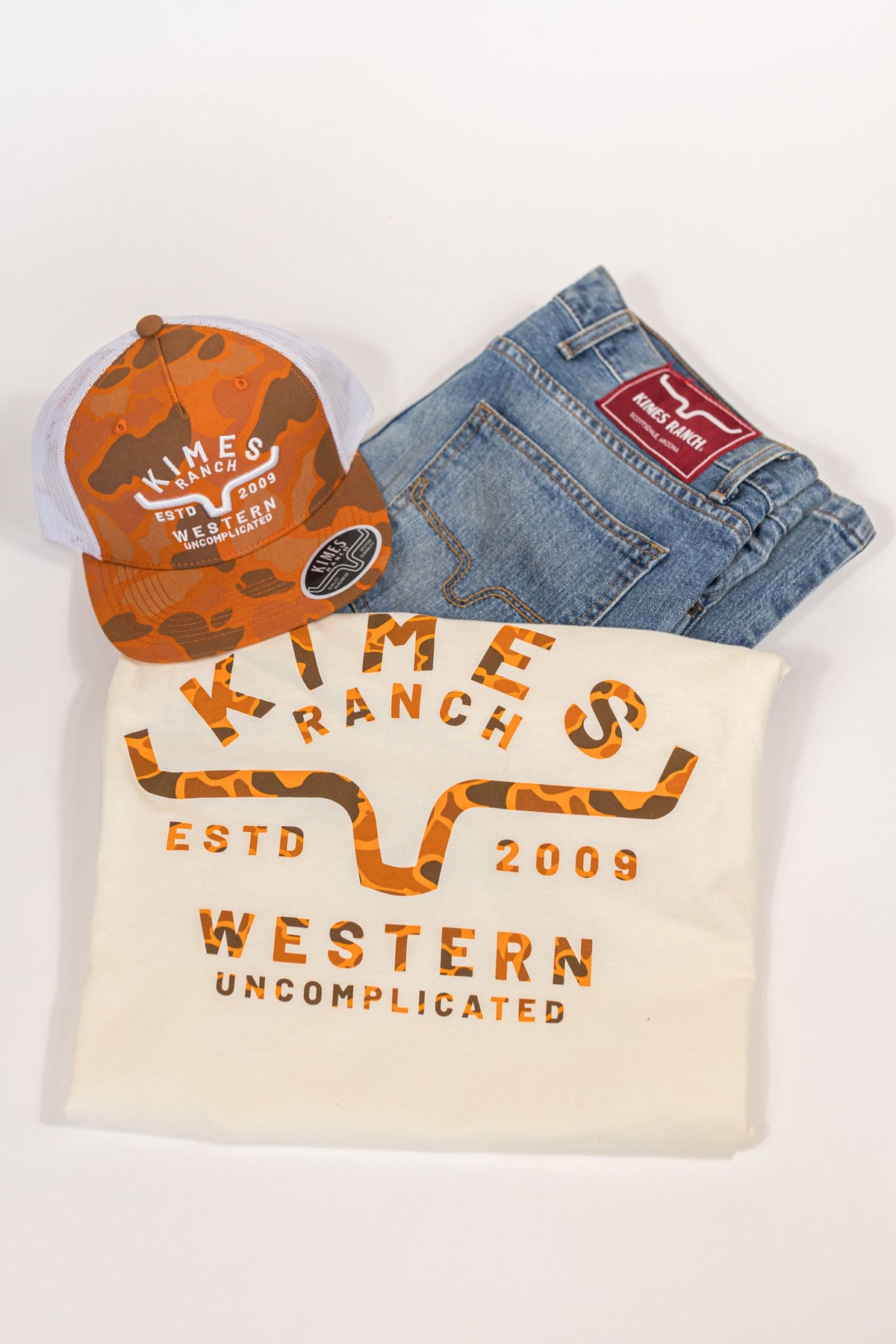 Kimes Ranch Grandview shirt in Natural with a large orange and brown camo print logo reading KIMES RANCH ESTD 2009 WESTERN
