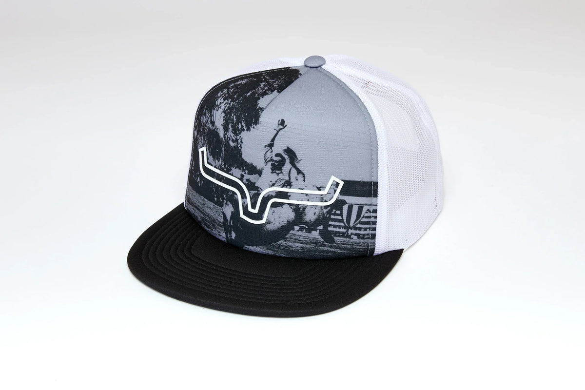 Kimes Ranch Whalen, side view, hat with Black brim, white mesh back, and a cowboy graphic with the Kimes Ranch logo outline