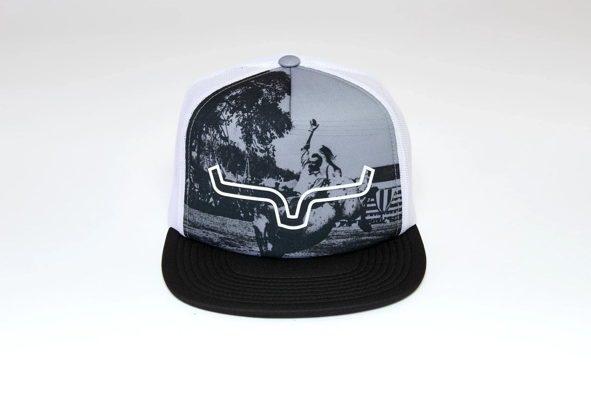 Kimes Ranch Whalen hat with a Black brim and a graphic of a cowboy on a bucking horse with the Kimes Ranch logo