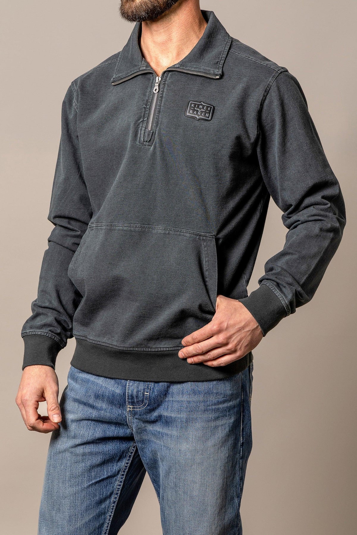 Kimes Ranch Wicklow sweatshirt in Charcoal with a half-zip collar and front kangaroo pocket